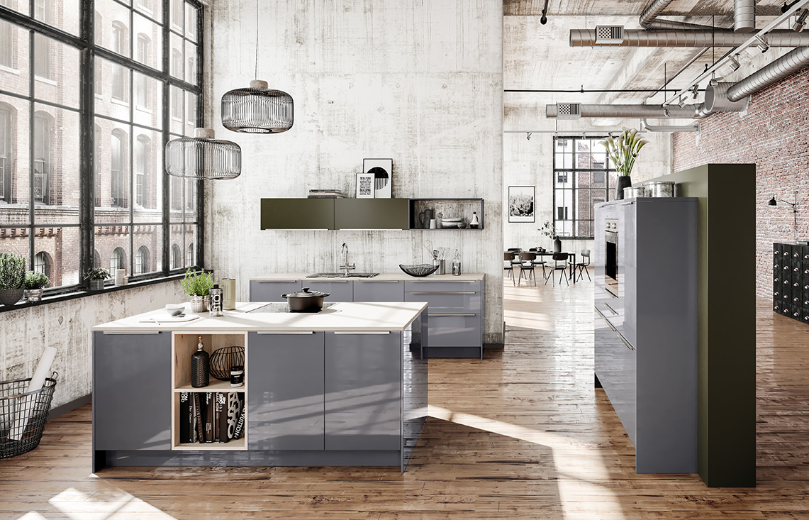 Contemporary German kitchen with dark wood finishes